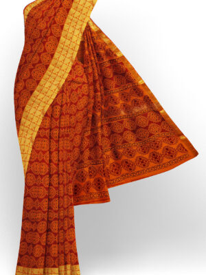 sri kumaran stores semi silk cotton printed orange saree with golden border 1 1