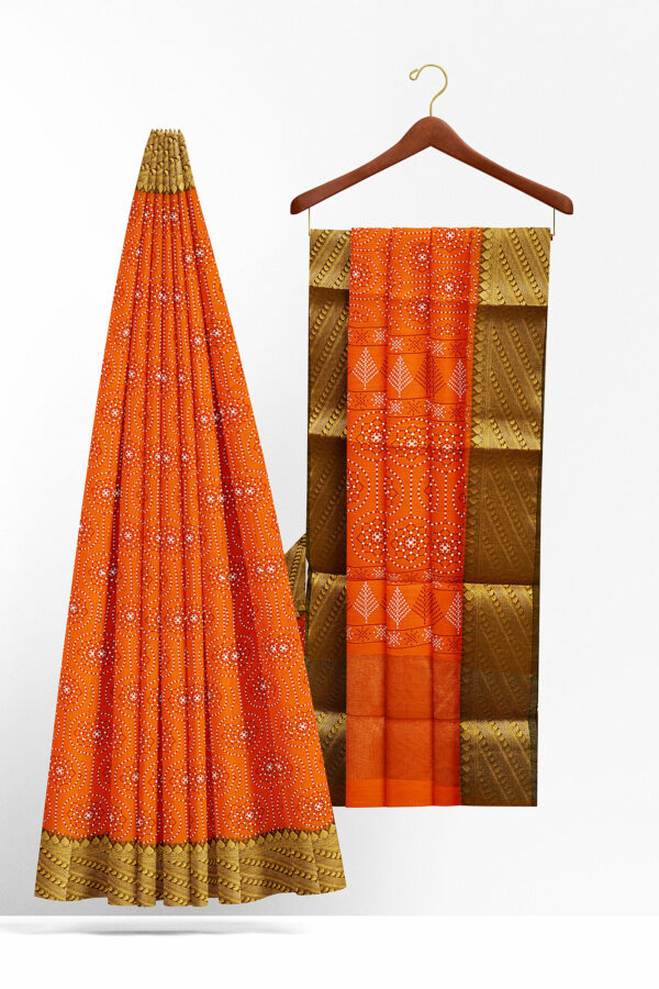 sri kumaran stores semi silk cotton printed orange saree with golden green border 2