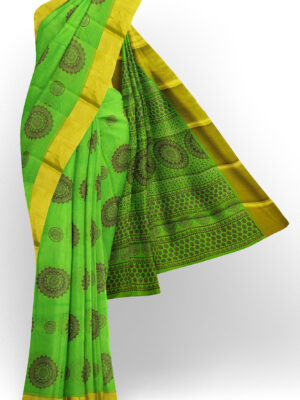 sri kumaran stores semi silk cotton printed parrot green saree with golden border 1