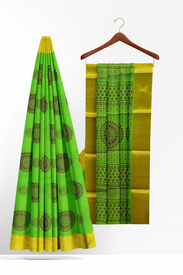 sri kumaran stores semi silk cotton printed parrot green saree with golden border 2