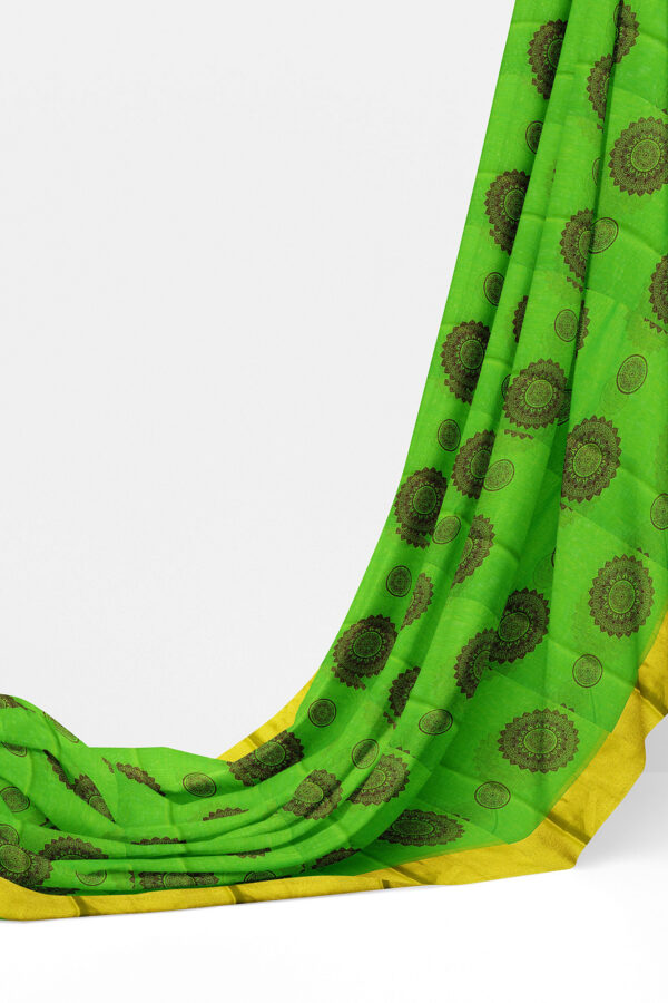 sri kumaran stores semi silk cotton printed parrot green saree with golden border 3