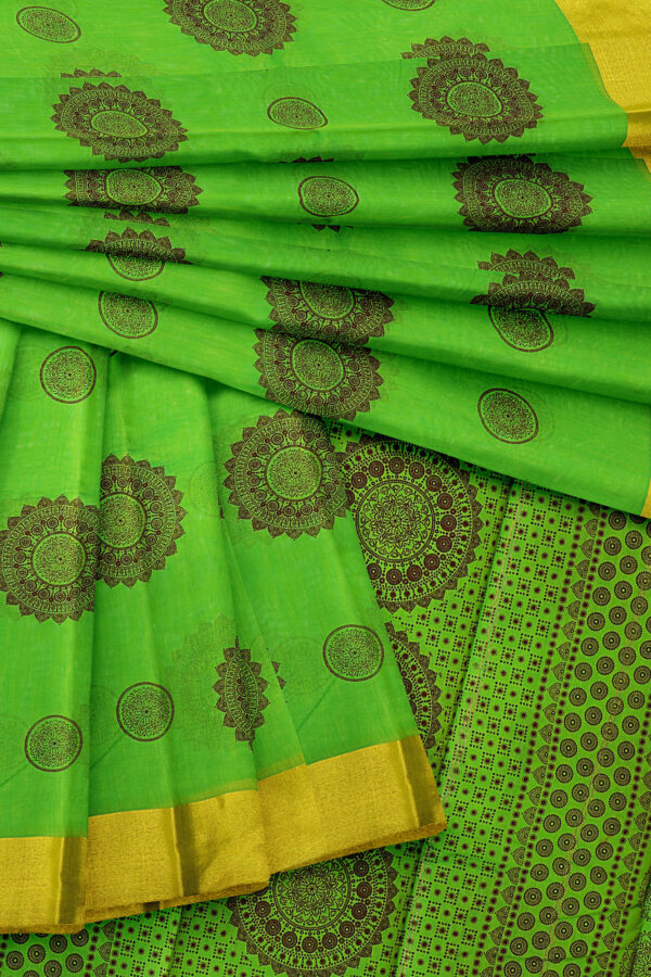 sri kumaran stores semi silk cotton printed parrot green saree with golden border 5