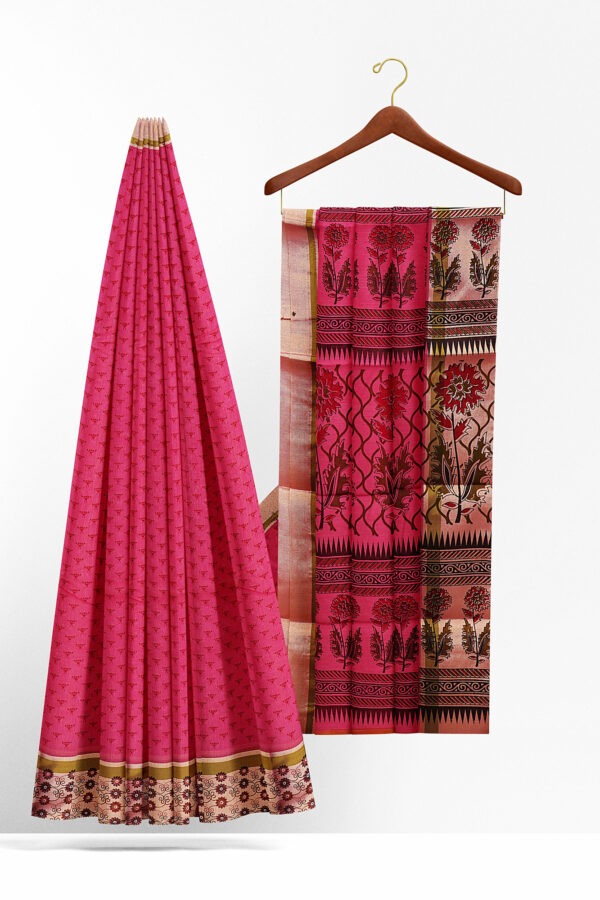 sri kumaran stores semi silk cotton printed pink saree with floral border 2