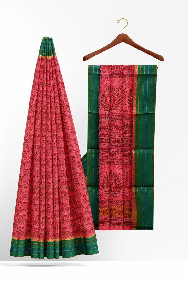 sri kumaran stores semi silk cotton printed pink saree with green border 2