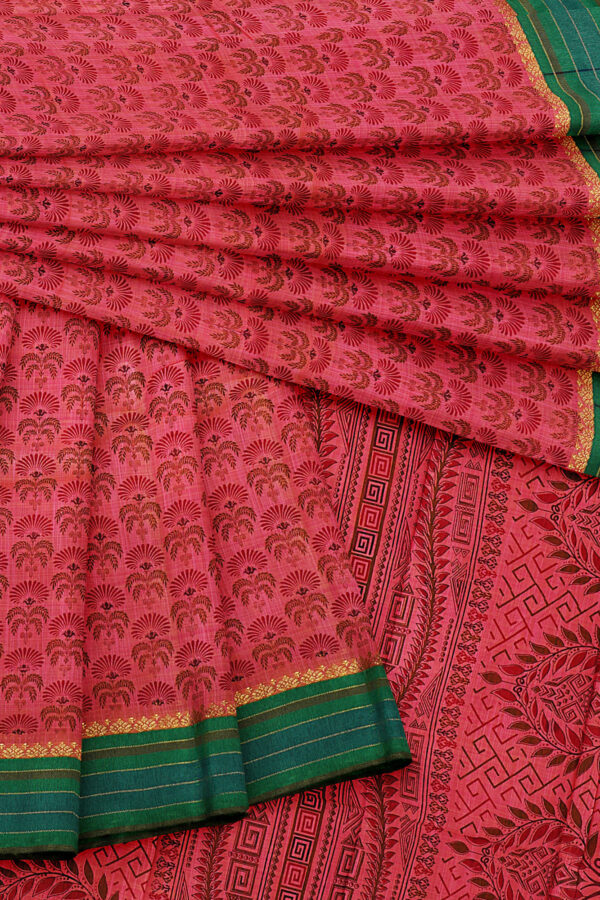 sri kumaran stores semi silk cotton printed pink saree with green border 5