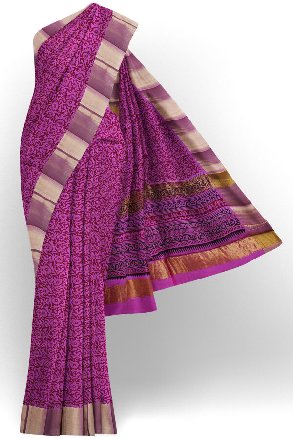 sri kumaran stores semi silk cotton printed purple saree with golden border 1