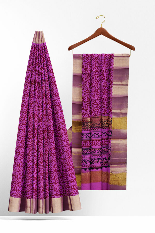 sri kumaran stores semi silk cotton printed purple saree with golden border 2