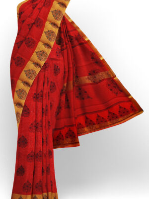 sri kumaran stores semi silk cotton printed red saree with golden border 1
