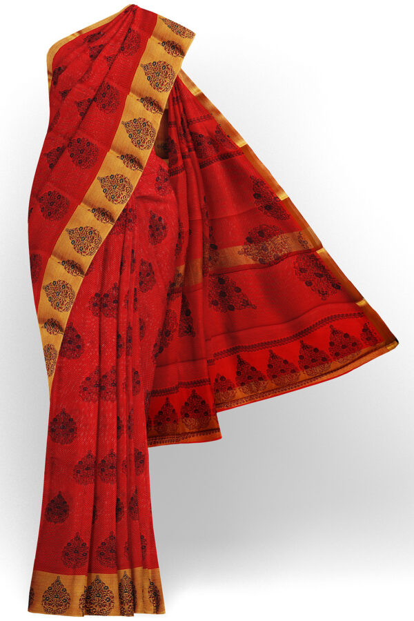 sri kumaran stores semi silk cotton printed red saree with golden border 1