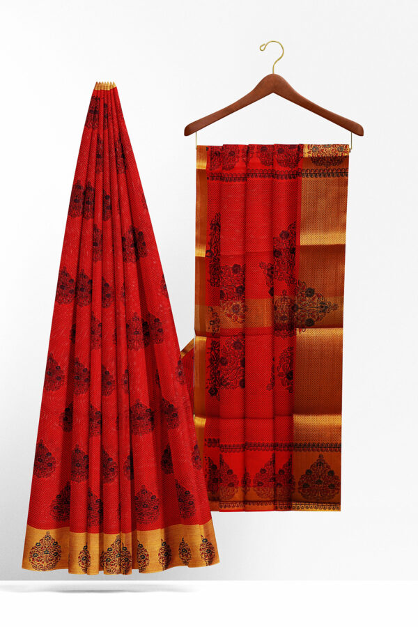 sri kumaran stores semi silk cotton printed red saree with golden border 2
