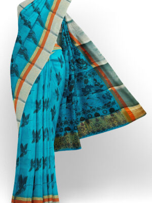 sri kumaran stores semi silk cotton printed sky blue saree with silver border 1 1