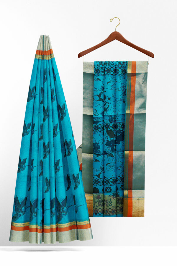 sri kumaran stores semi silk cotton printed sky blue saree with silver border 1 2