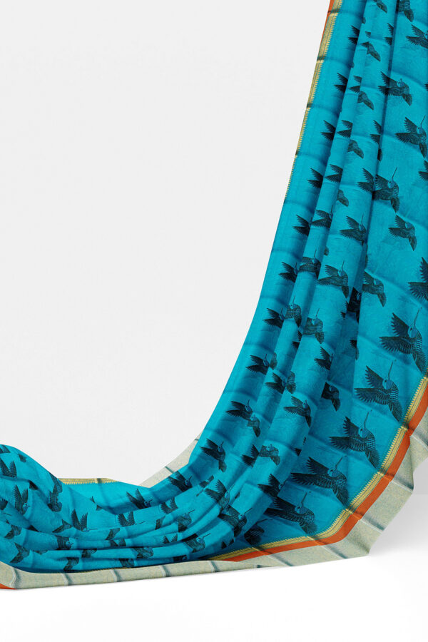 sri kumaran stores semi silk cotton printed sky blue saree with silver border 1 3
