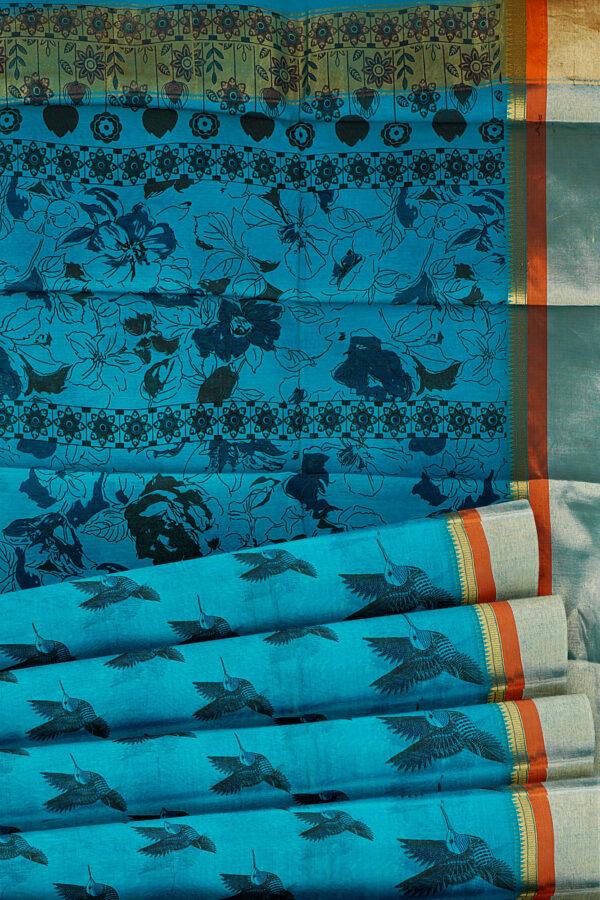sri kumaran stores semi silk cotton printed sky blue saree with silver border 1 4
