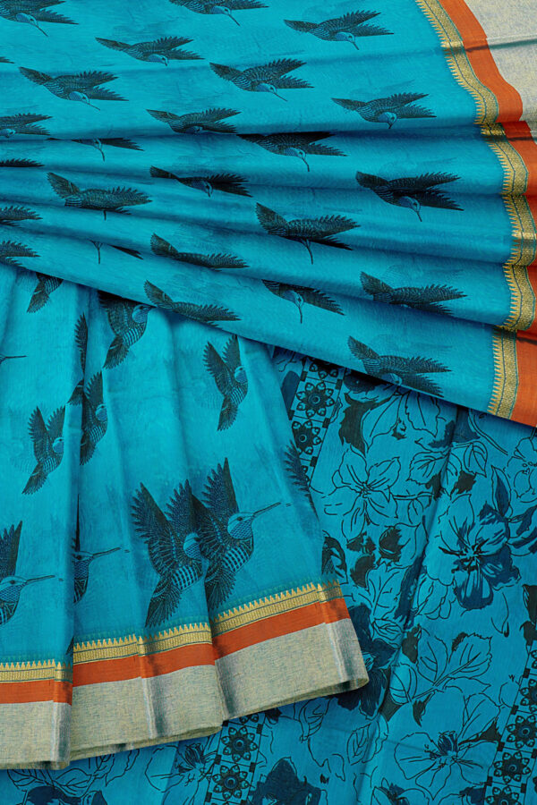 sri kumaran stores semi silk cotton printed sky blue saree with silver border 1 5
