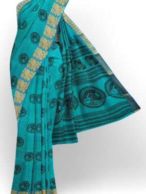 sri kumaran stores semi silk cotton printed turquoise blue saree with golden blue border 1
