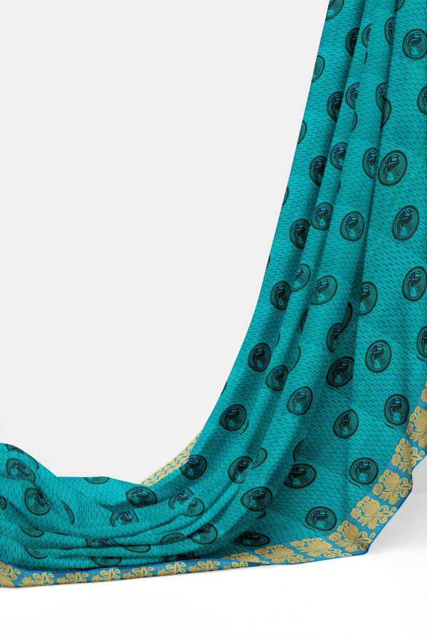 sri kumaran stores semi silk cotton printed turquoise blue saree with golden blue border 3