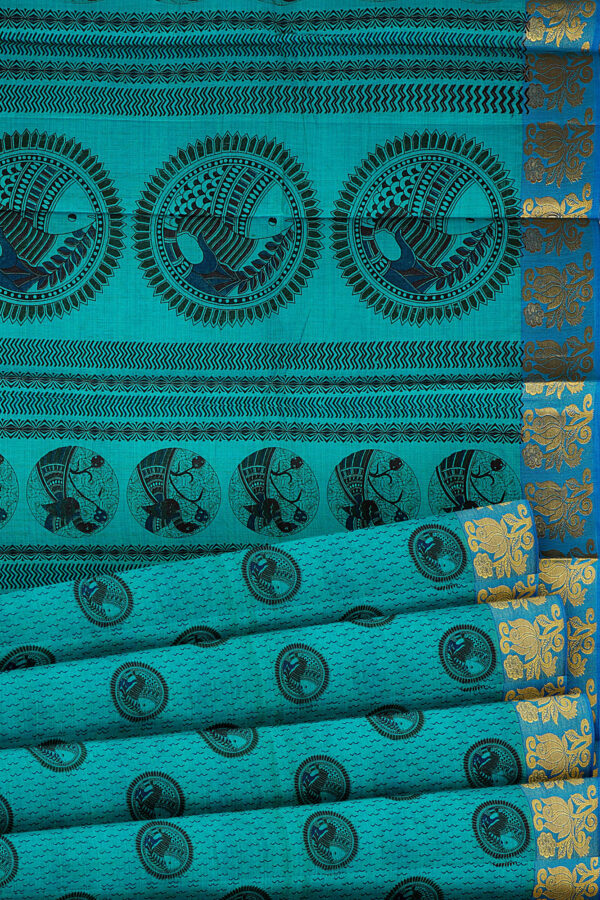 sri kumaran stores semi silk cotton printed turquoise blue saree with golden blue border 4