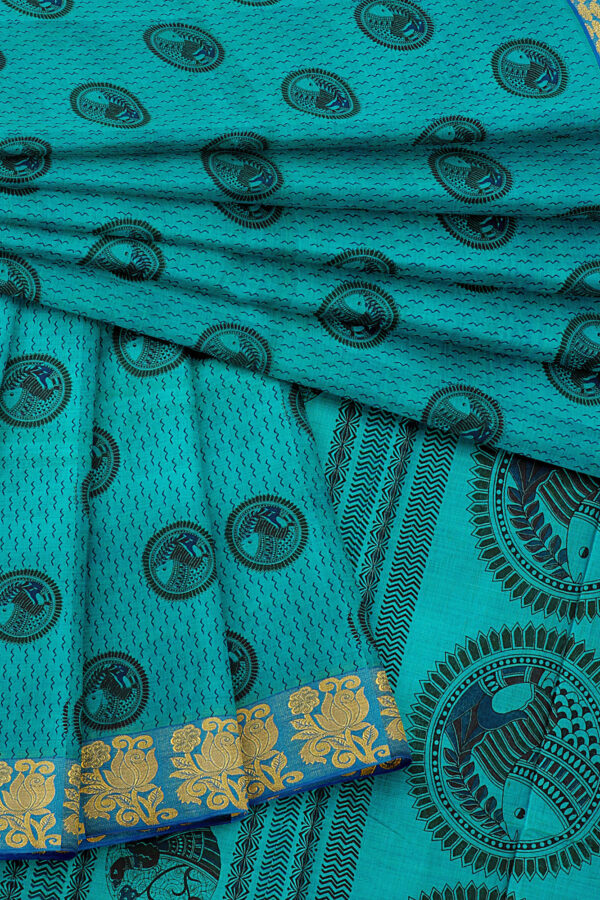 sri kumaran stores semi silk cotton printed turquoise blue saree with golden blue border 5