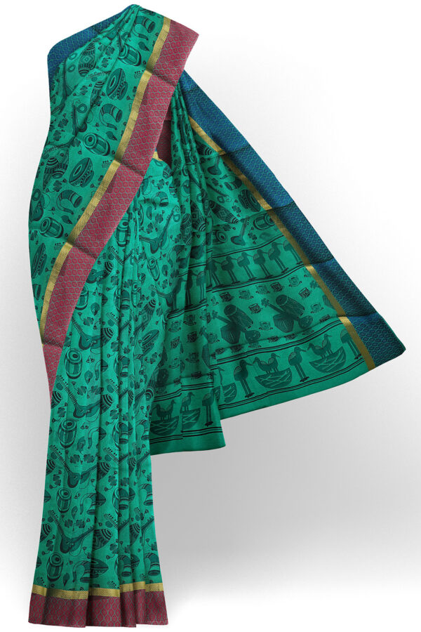 sri kumaran stores semi silk cotton printed turquoise green saree with golden border 1