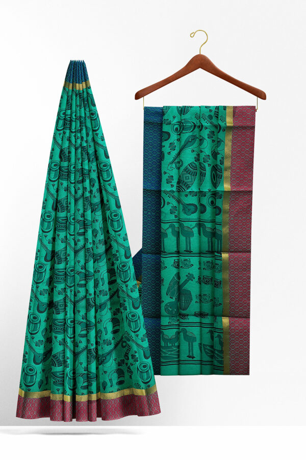 sri kumaran stores semi silk cotton printed turquoise green saree with golden border 2