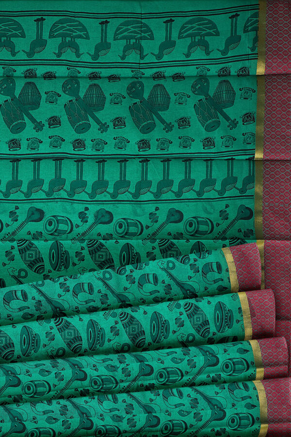 sri kumaran stores semi silk cotton printed turquoise green saree with golden border 4