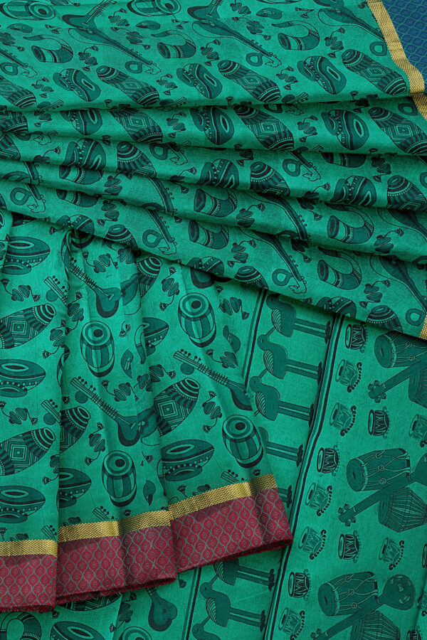 sri kumaran stores semi silk cotton printed turquoise green saree with golden border 5