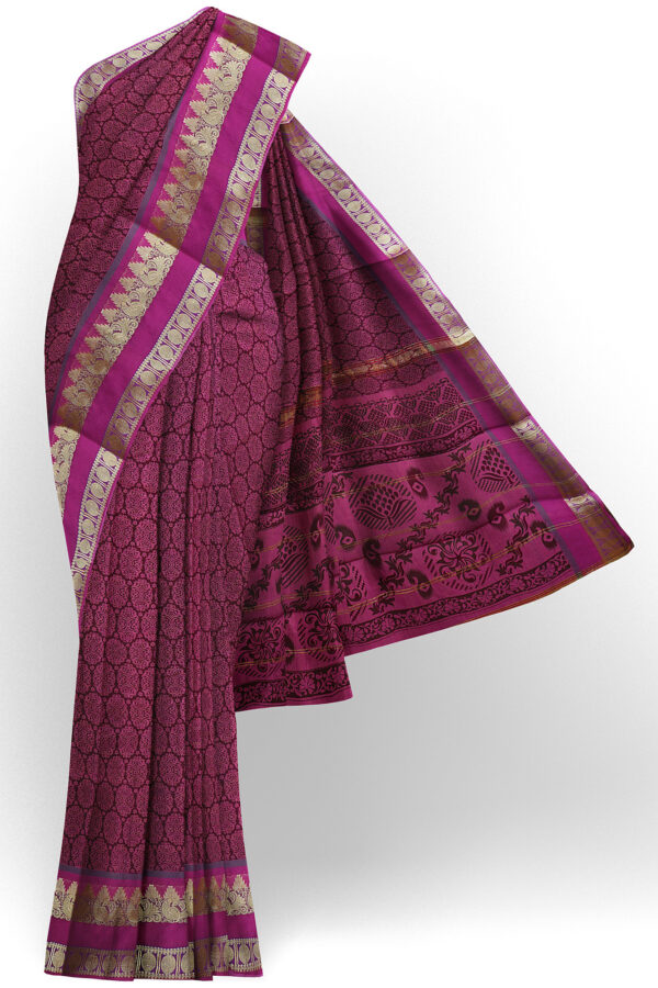 sri kumaran stores semi silk cotton printed violet saree with golden border 1