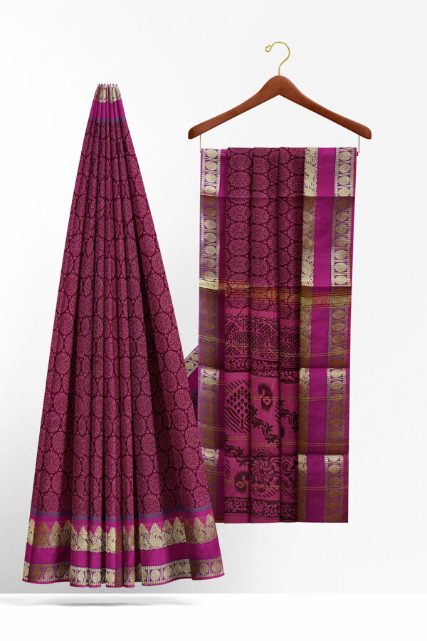 sri kumaran stores semi silk cotton printed violet saree with golden border 2