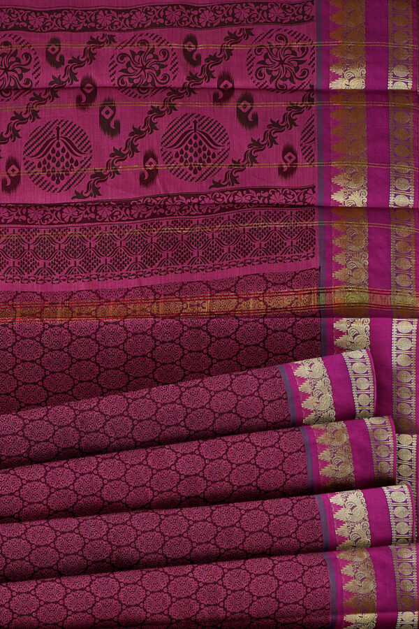 sri kumaran stores semi silk cotton printed violet saree with golden border 4