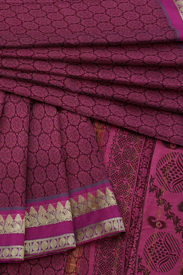 sri kumaran stores semi silk cotton printed violet saree with golden border 5