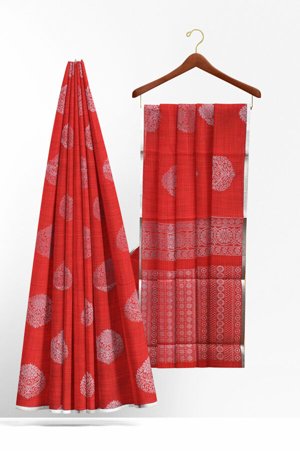 sri kumaran stores semi silk cotton red saree with silver border 2