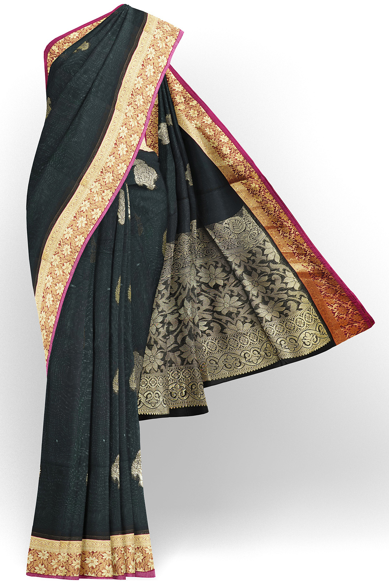 sri kumaran stores semi silk cotton saree black saree with golden red border 1