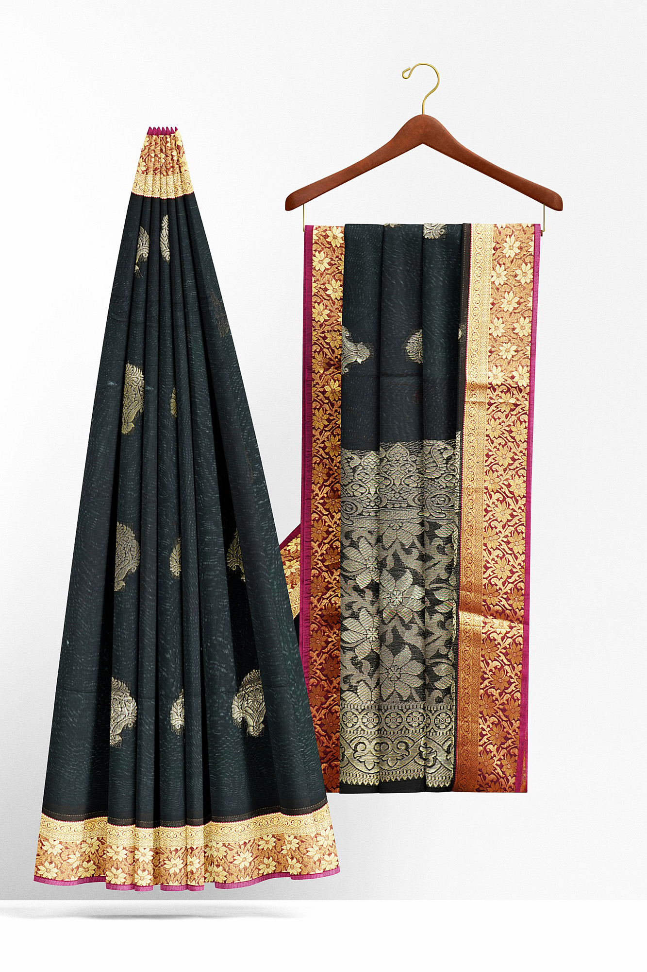 sri kumaran stores semi silk cotton saree black saree with golden red border 2