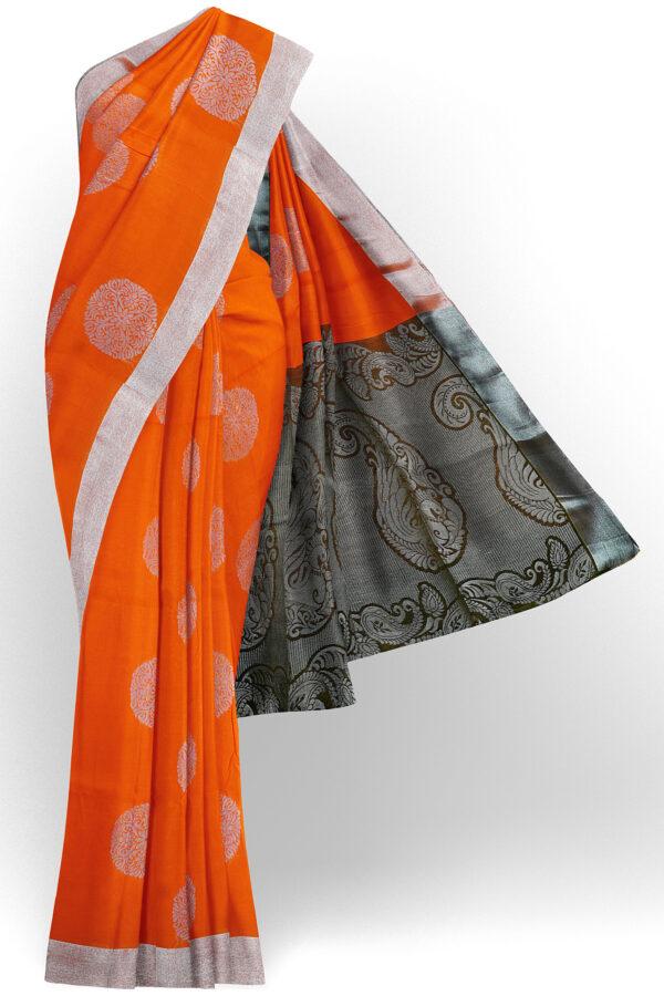 sri kumaran stores semi silk cotton saree bright orange saree with silver border 1