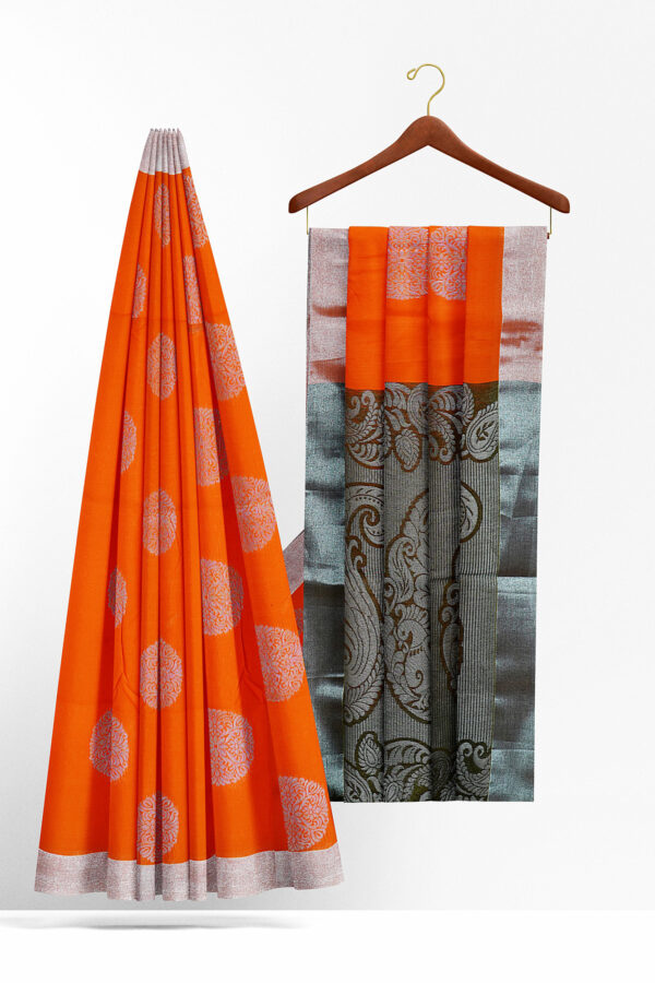 sri kumaran stores semi silk cotton saree bright orange saree with silver border 2