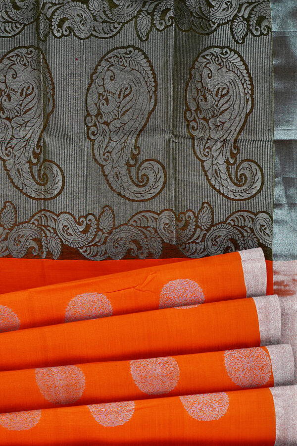 sri kumaran stores semi silk cotton saree bright orange saree with silver border 4