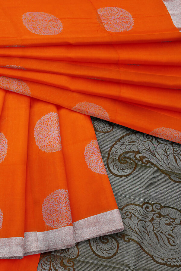 sri kumaran stores semi silk cotton saree bright orange saree with silver border 5