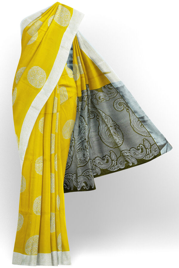 sri kumaran stores semi silk cotton saree bright yellow saree with silver border 1