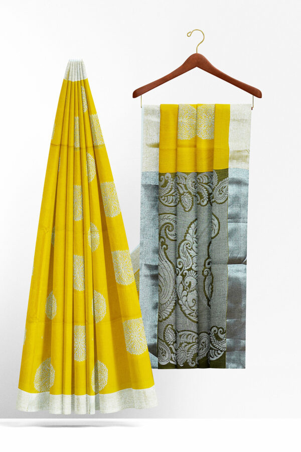 sri kumaran stores semi silk cotton saree bright yellow saree with silver border 2