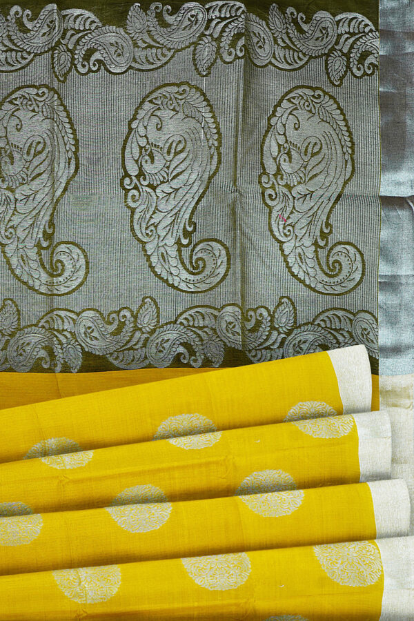 sri kumaran stores semi silk cotton saree bright yellow saree with silver border 4