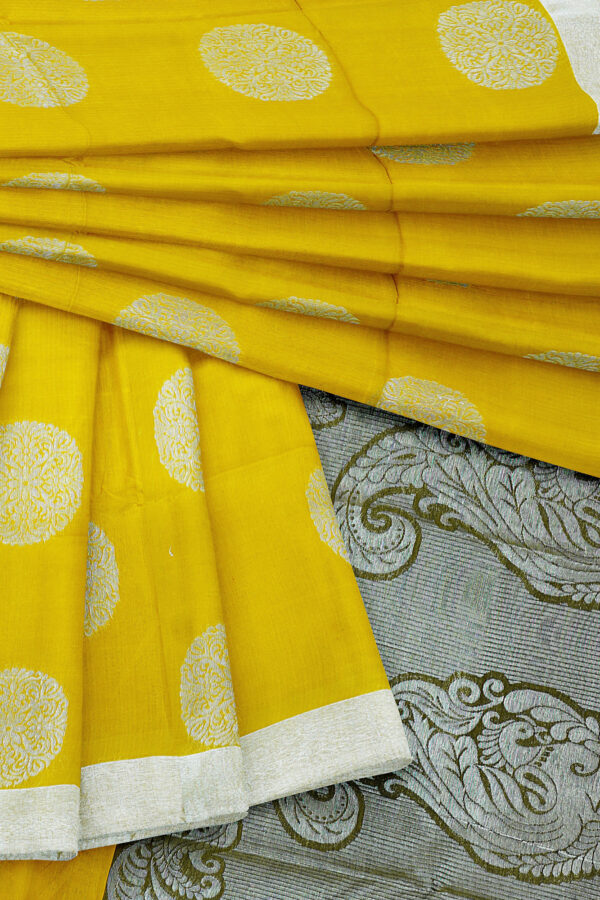 sri kumaran stores semi silk cotton saree bright yellow saree with silver border 5