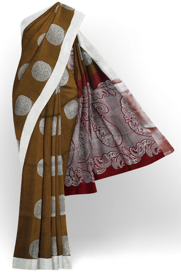 sri kumaran stores semi silk cotton saree brown saree with silver border 1