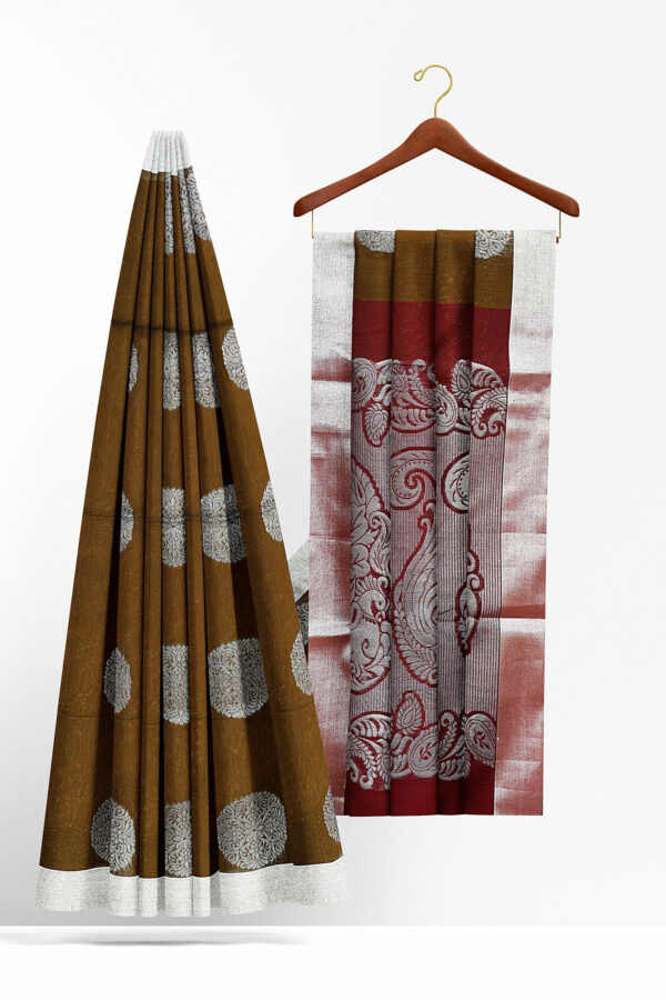 sri kumaran stores semi silk cotton saree brown saree with silver border 2