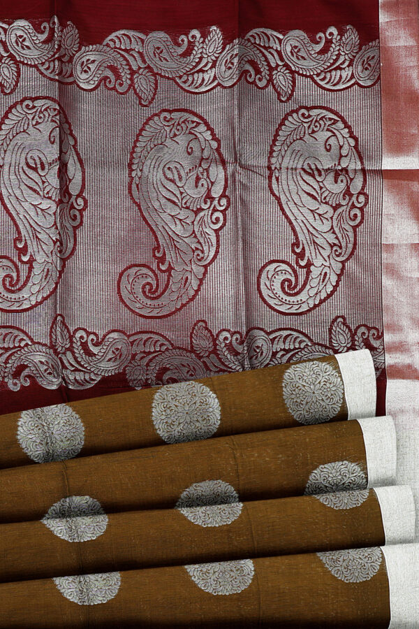 sri kumaran stores semi silk cotton saree brown saree with silver border 4