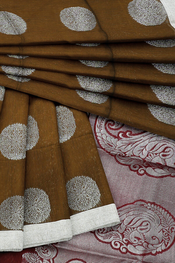 sri kumaran stores semi silk cotton saree brown saree with silver border 5