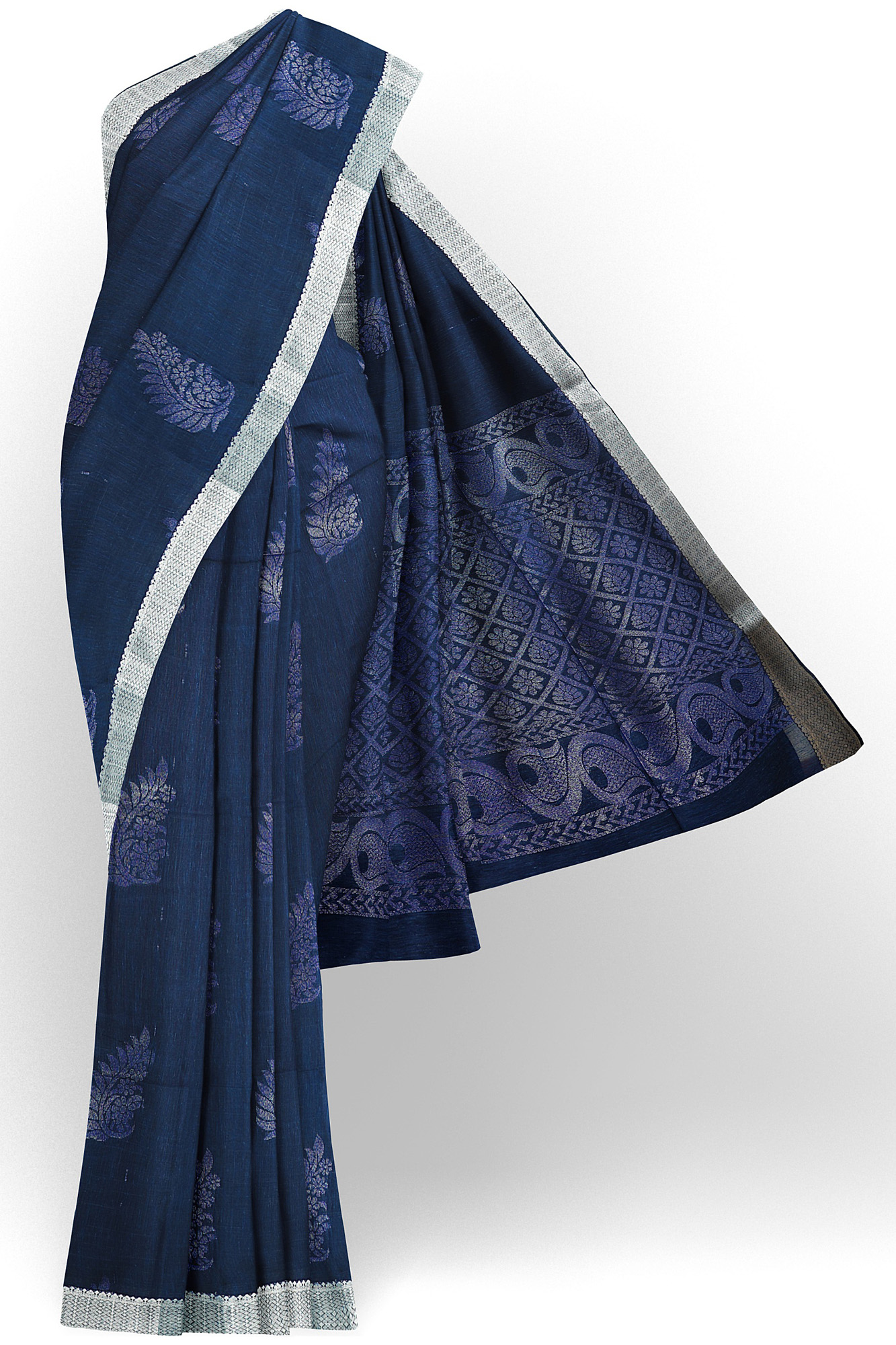 sri kumaran stores semi silk cotton saree dark blue saree with silver border 1