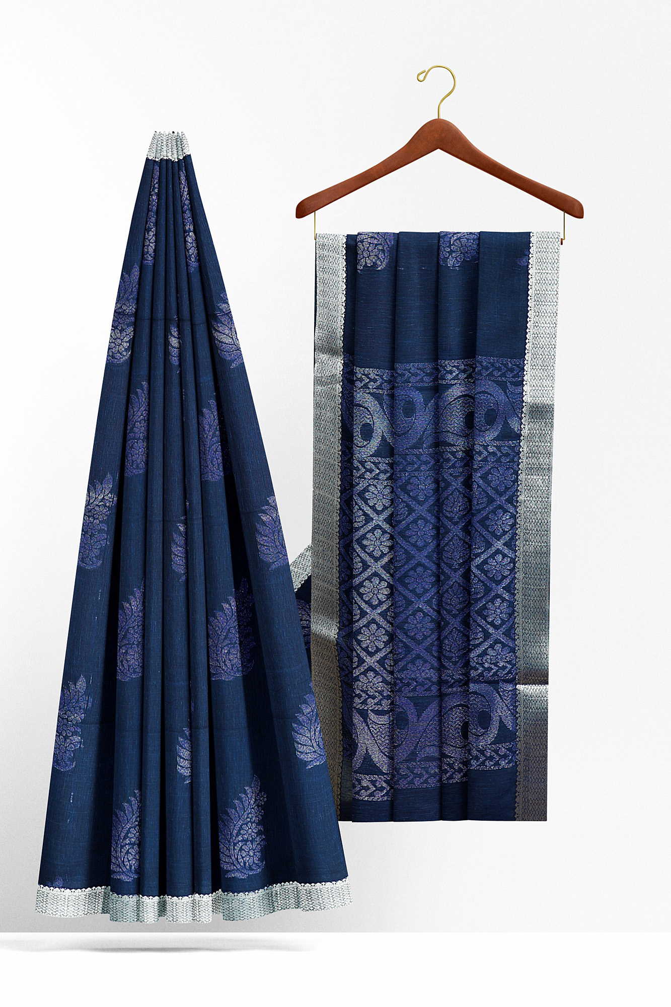 sri kumaran stores semi silk cotton saree dark blue saree with silver border 2