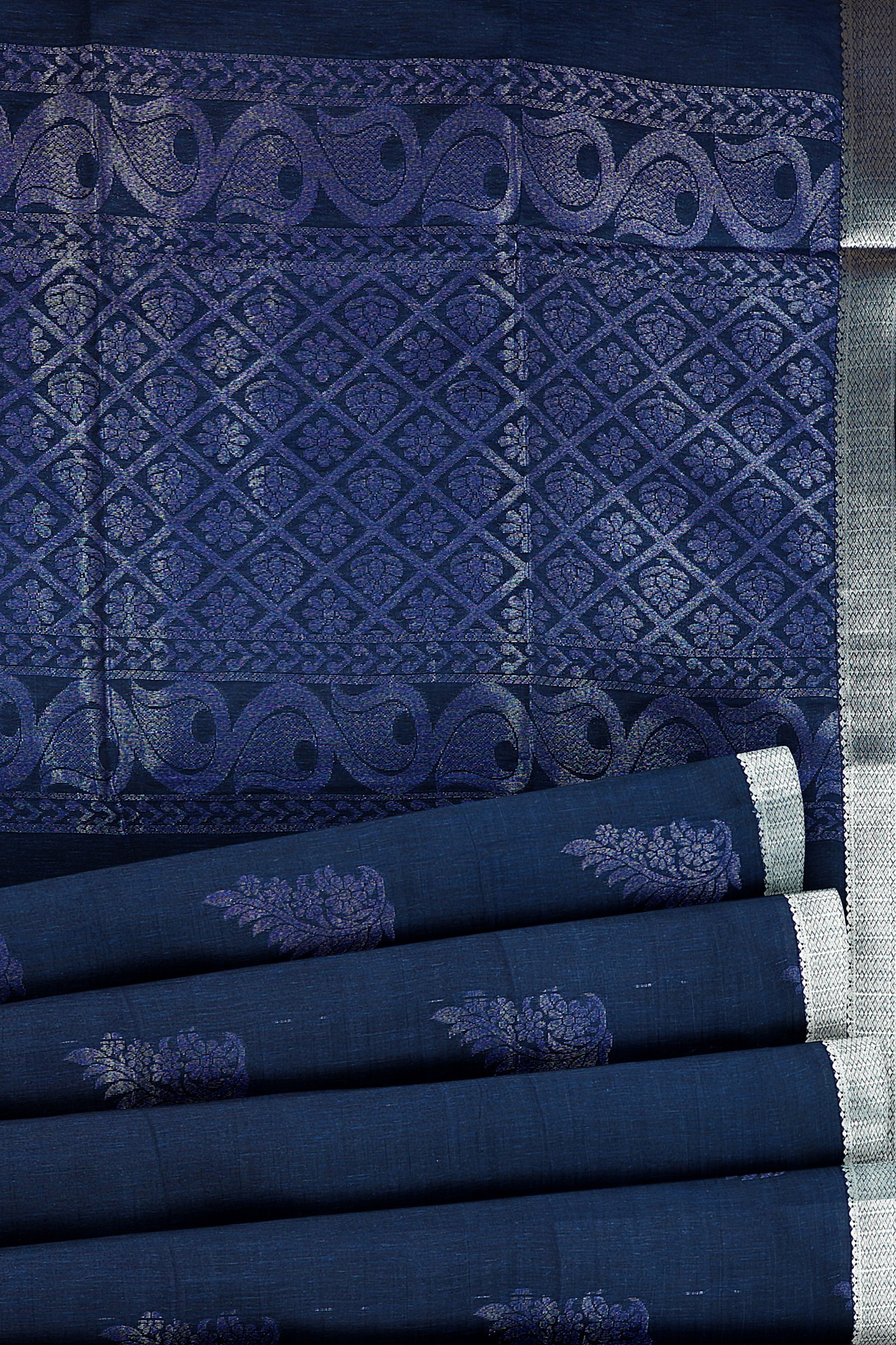 sri kumaran stores semi silk cotton saree dark blue saree with silver border 4