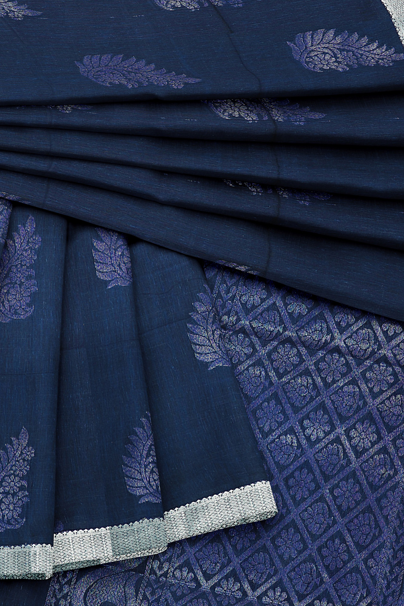 sri kumaran stores semi silk cotton saree dark blue saree with silver border 5
